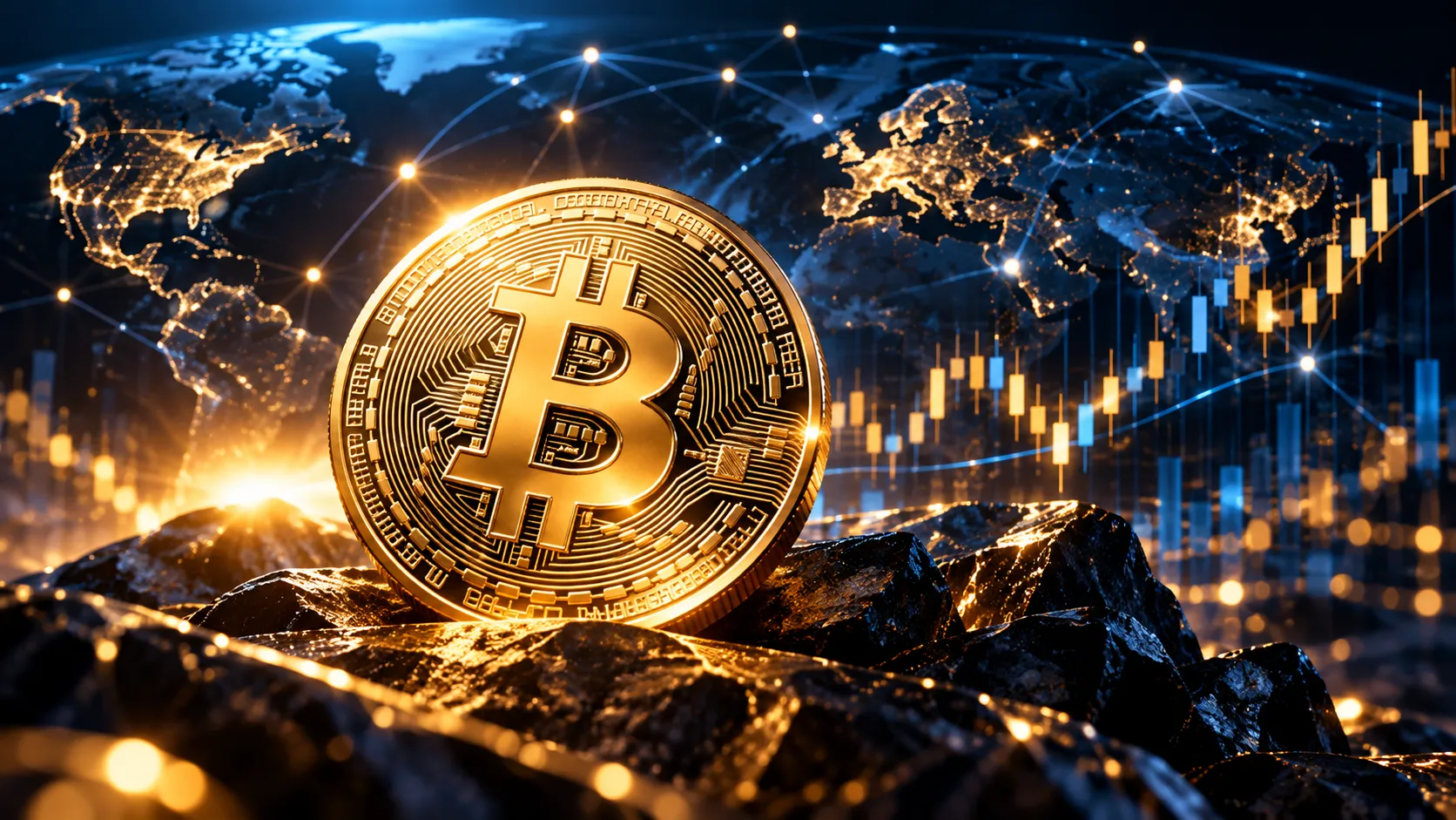 Bitcoin coin with global digital network and blockchain technology
