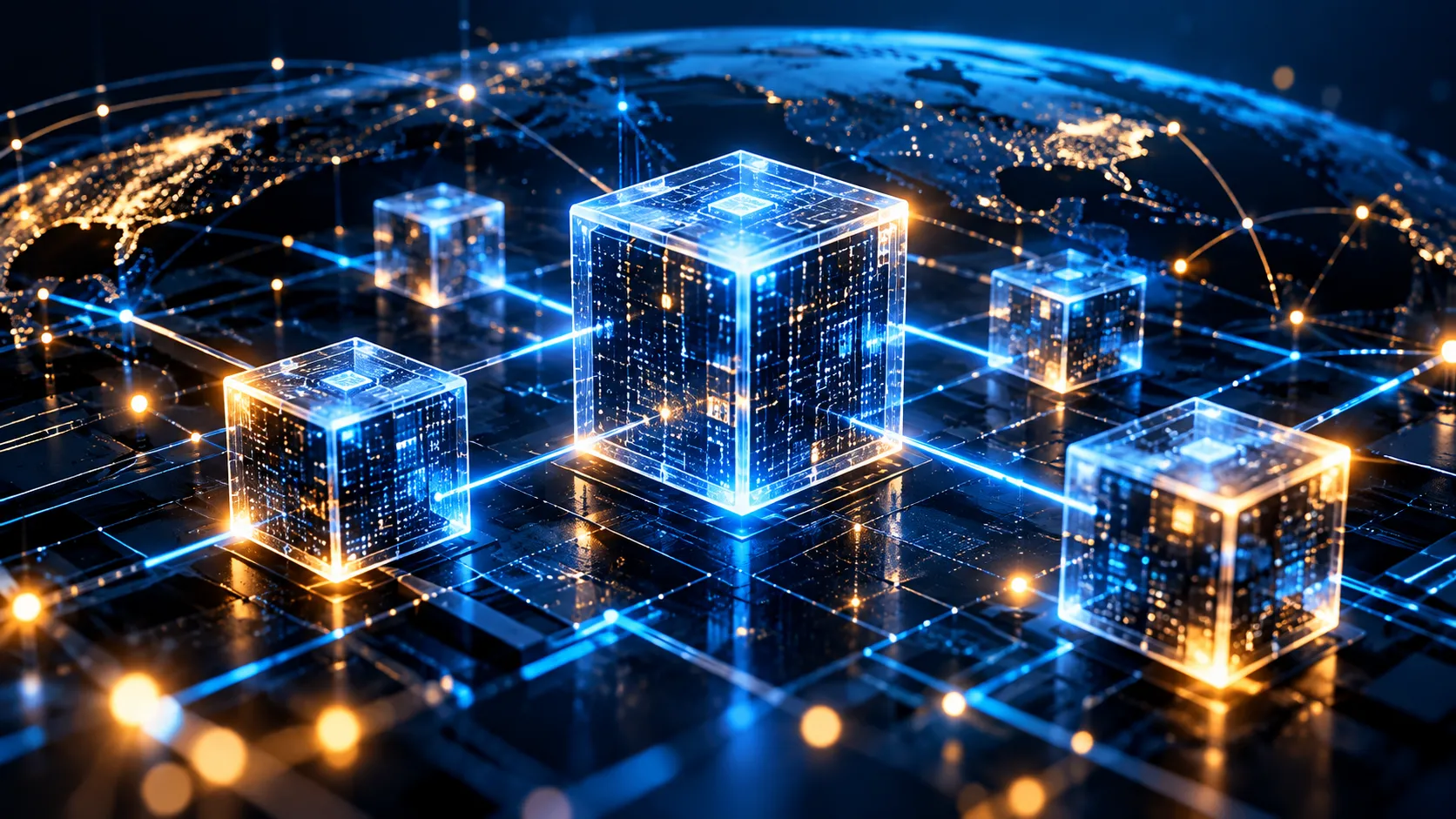 Blockchain technology network with digital blocks