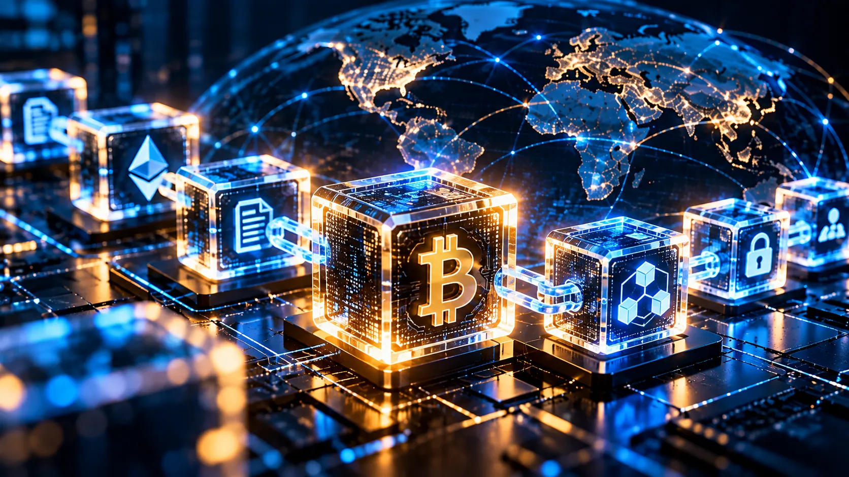 Blockchain technology network with connected digital blocks