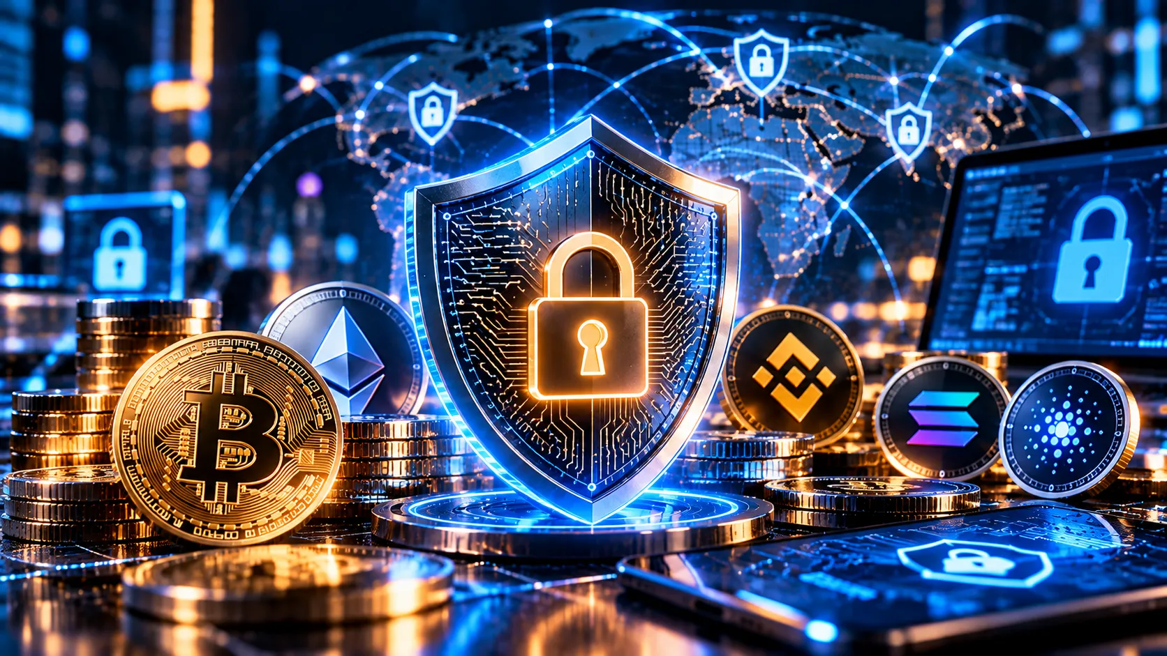 Crypto security shield protecting digital assets on a blockchain network